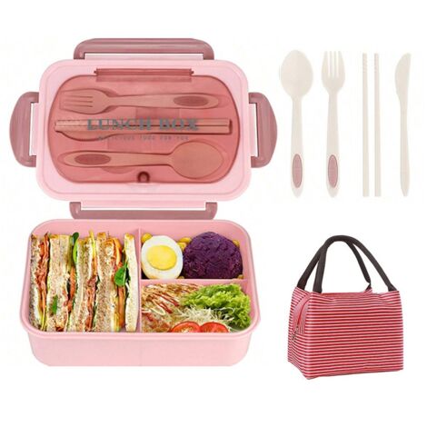 Boîte à bento - 1200 ml - Étanche - Trois compartiments, sac de transport inclus - Rose