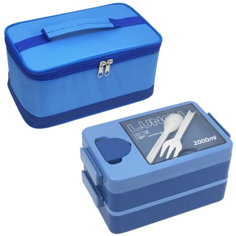 Boîte à Bento Bleue Ensemble 2000ml 4 Compartiments Étanche avec Couverts pour Déjeuner et Travail