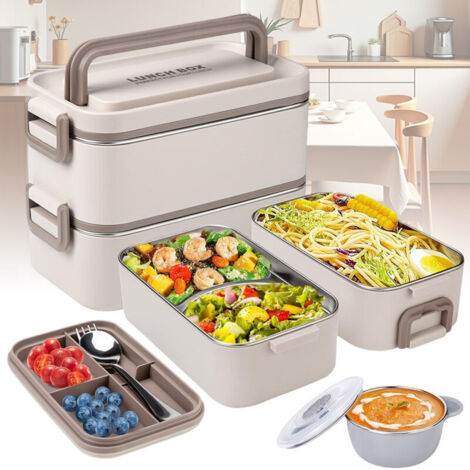 Boîte à bento empilable, boîte à lunch empilable de 2 litres, boîte à lunch portable en acier inoxydable étanche à 3 couches, boîte à collation Lunchable avec 4 compartiments (beige)