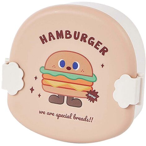 Boîte à bento kaki à motif hamburger, compartimentée, idéale pour l'école et le déjeuner.