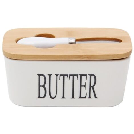 Boîte à Beurre en Céramique avec Couvercle en Bois et Couteau - Rangement pour Fromage et Beurre