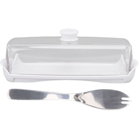Boîte à beurre en plastique grande capacité, rangement compact pour fromage avec couvercle transparent et couteau, idéal réfrigérateur cuisine.