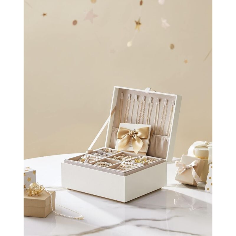 Boîte à Bijoux 2 Niveaux, Coffre à Bijoux avec Poignée, Plateau Flexible, Écrin Rangement d'Accessoires, Effet Flottant, 20,5 x 24 x 11 cm, Blanc