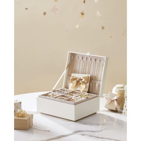Boîte à Bijoux 2 Niveaux, Coffre à Bijoux avec Poignée, Plateau Flexible, Écrin Rangement d’Accessoires, Effet Flottant, 20,5 x 24 x 11 cm, Blanc