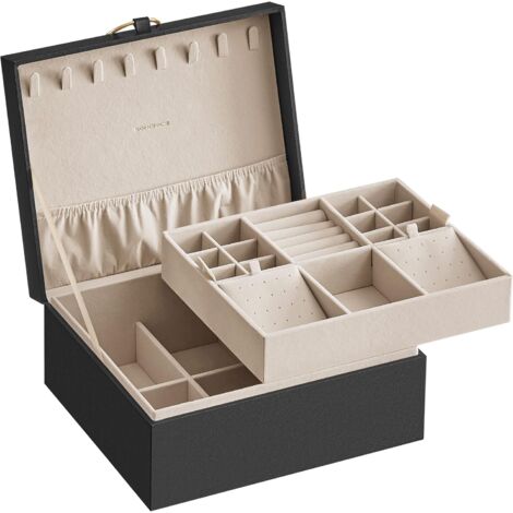 Boîte à Bijoux 2 Niveaux, Coffre à Bijoux avec Poignée, Plateau Flexible, Écrin Rangement d’Accessoires, Effet Flottant, 20,5 x 24 x 11 cm, Noir