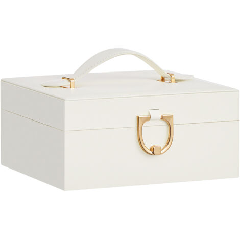 Boîte à Bijoux, 2 Niveaux, Coffret à Bijoux, Plateau Amovible, Poignée de Transport, pour Colliers, Boucles d’Oreilles, Bagues, 17 x 20,5 x 9,5 cm, Idée Cadeau, Blanc Crème