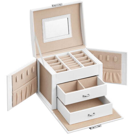 Boîte à Bijoux 3 Niveaux, Écrin à Accessoires, avec Poignées, 2 Tiroirs, Miroir, Serrure, Rangement Bijoux pour Voyages, Surface Blanc Nuage, Doublure Beige Sable