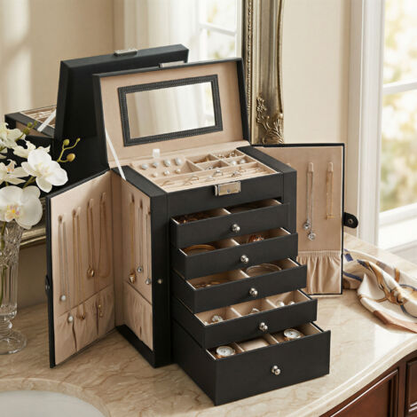 Boîte à Bijoux 6 Niveaux, avec 5 Tiroirs, Grande Capacité de Stockage, avec Miroir, Verrouillable, Coffret à Bijoux, Cadeau, Pour Montres, Noir