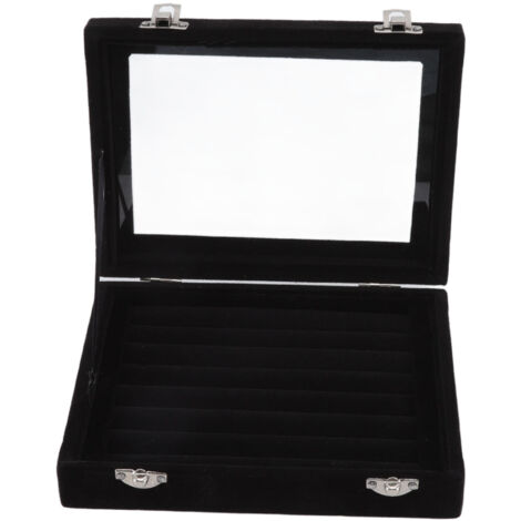 Boîte à bijoux 7 cases en velours noir avec couvercle transparent pour ranger bagues, colliers et boucles d'oreilles