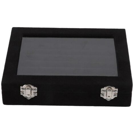 Boîte à bijoux 7 emplacements en velours avec couvercle transparent pour bagues, boucles d'oreilles et colliers, noire.