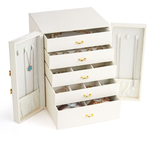 Boîte à Bijoux à 5 Etagère, Boite de Rangement Grande Coffret à Bijoux en Cuir PU Pour Femme Fille, Mondeer,blanc