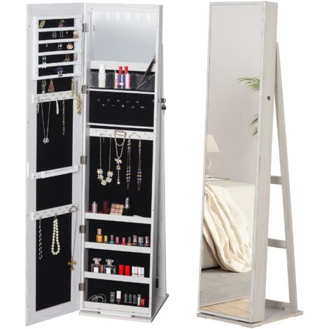 Boîte à bijoux à bijoux autoportante avec lumières LED et armoire à bijoux à serrure avec miroir intégré pour la chambre blanche avec grain de bois