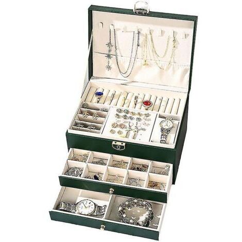 Boîte à bijoux à trois niveaux – Rangement à double tiroir – Matériau PU – Taille 23x17x13,5cm pour colliers et bagues