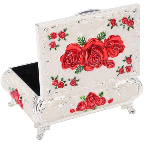 Boîte à bijoux ancienne en métal zinc avec décor floral en relief, intérieur doublé velours - Couleur argent et rouge