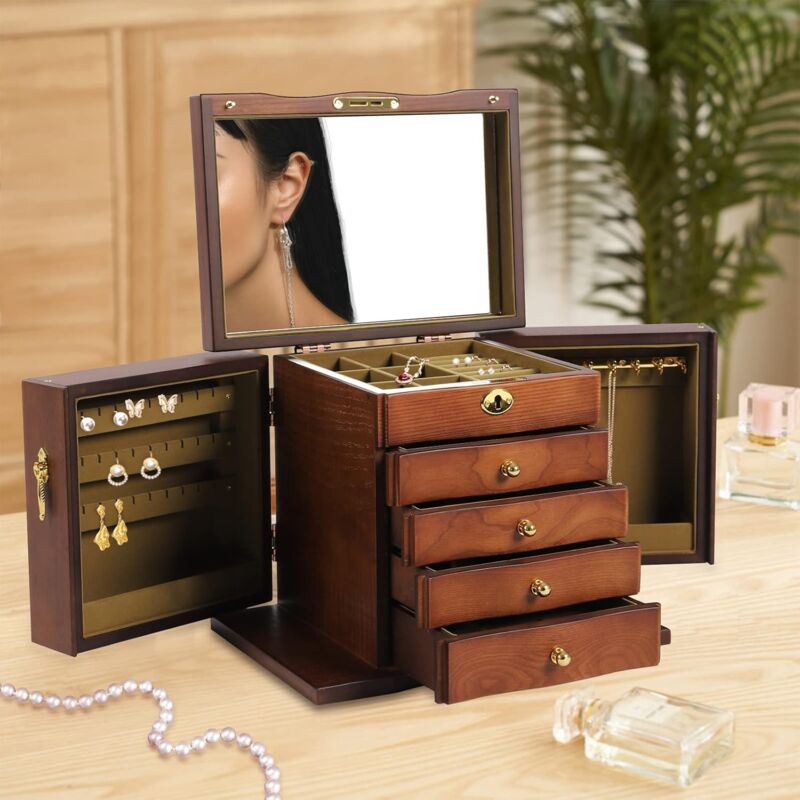 Gojoy - Boîte à bijoux antique avec serrure, boîte à bijoux en bois pour femme, 5 couches boîte à bijoux avec miroir pour bijoux, colliers, bagues