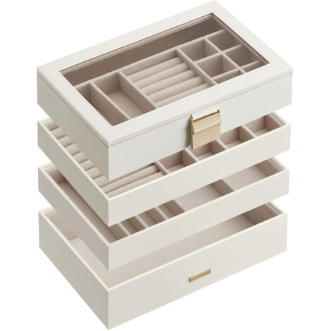 Boîte à Bijoux avec 4 Plateaux Empilables, Coffret à Bijoux Spacieux, Couvercle en Verre, 17 x 28 x 18,3 cm, pour Tiroir, Coiffeuse, Blanc Nuage
