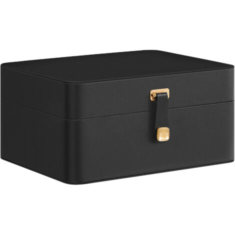 Boîte à Bijoux avec Miroir, Porte-bijoux 2 Niveaux, Écrin de Voyage, Plateau à Bijoux Amovible, 17,6 x 22 x 11 cm, pour Colliers, Boucles d’oreilles, Idée Cadeau, Noir d’Encre