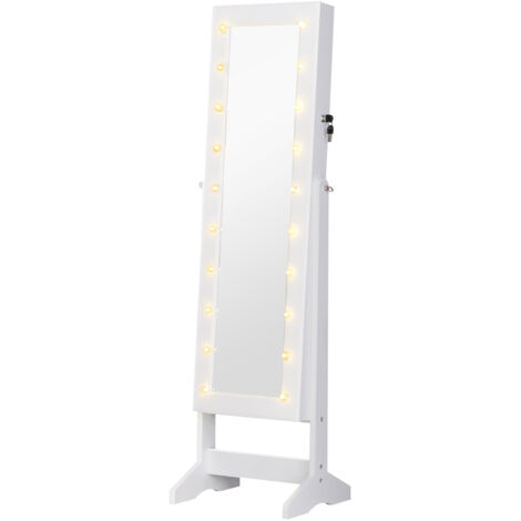 Boîte à bijoux blanche avec miroir et 20 LED. Compartiments multiples et structure inclinable pour ranger bagues, colliers et boucles d’oreilles.