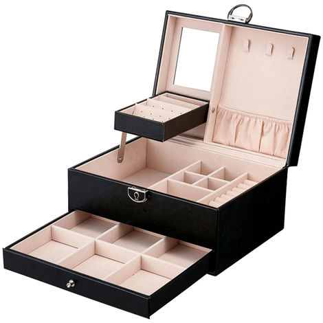 Boîte à bijoux Boîte de rangement de bijoux en cuir PU Organisateur de grande capacité multicouche, Noir