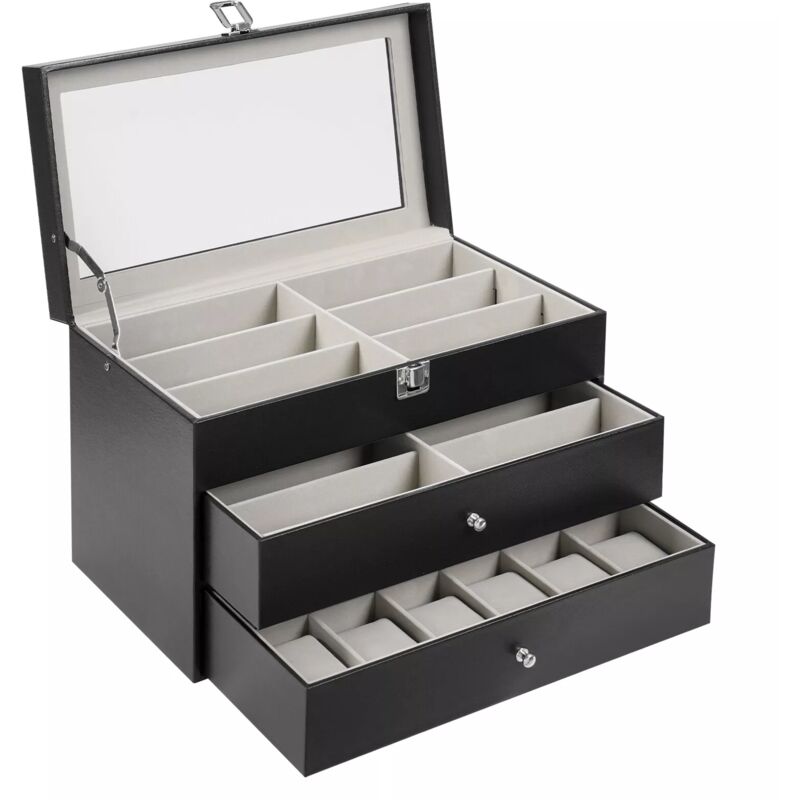 Boîte à bijoux Boîte de rangement pour lunettes de montre avec dessus en verre transparent Coussin amovible Armoire à bijoux Boîte à montres pour