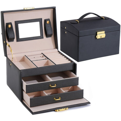 Boîte à Bijoux Vintage Simili Cuir Noir – 2 Tiroirs, Rangement Chic Et Pratique