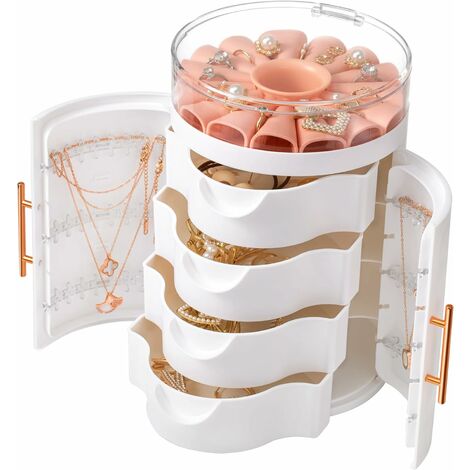 Boîte à bijoux créative, blanc ， Organisateur de bijoux à fenêtre transparente supérieure, organisateur multifonctionnel, porte-accessoires avec 4 tiroirs pour dames filles boucles d'oreilles colliers