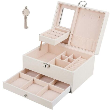 Boîte à bijoux de maison imperméable en cuir PU, étui à bijoux à double compartiment, grande capacité, organisateur d'ornements, blanc