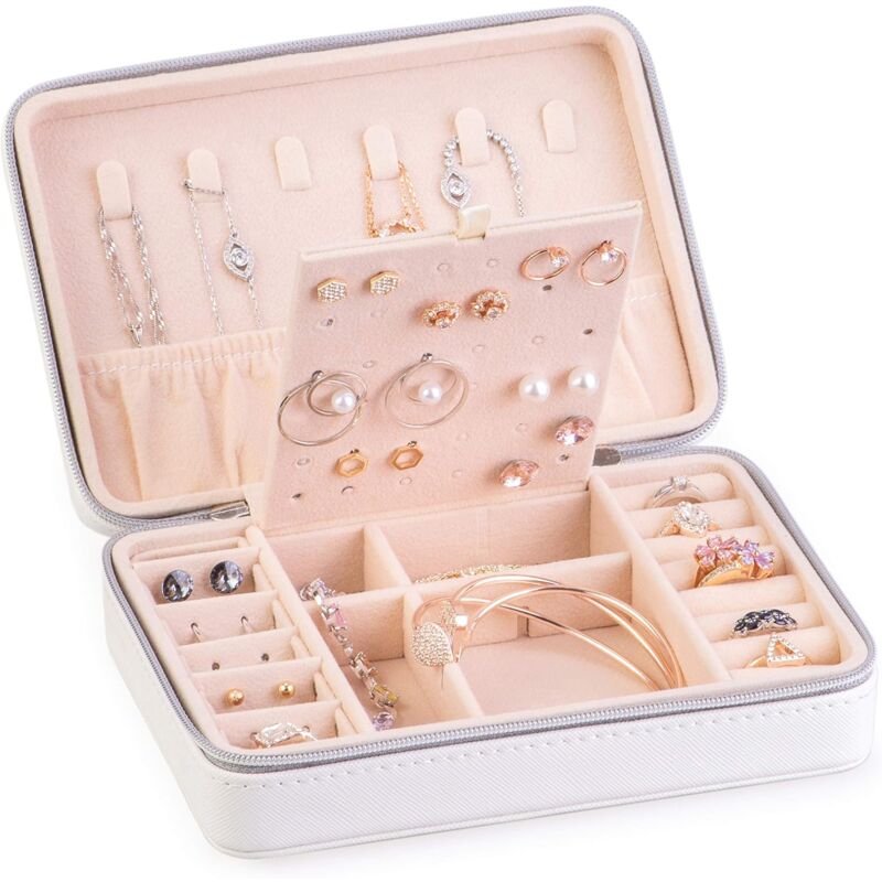 Boîte à bijoux de voyage double couche, sac de rangement pour bijoux, colliers, montres, cadeau idéal pour la fête des mères, blanc