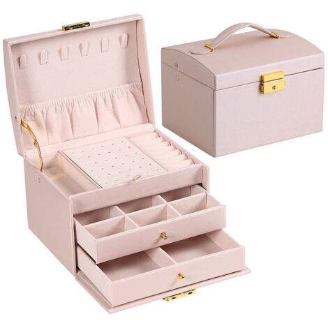 Boîte à bijoux de voyage en cuir imperméable – trois niveaux, deux tiroirs – idéale pour ranger bagues, boucles d'oreilles, colliers et bracelets (rose).