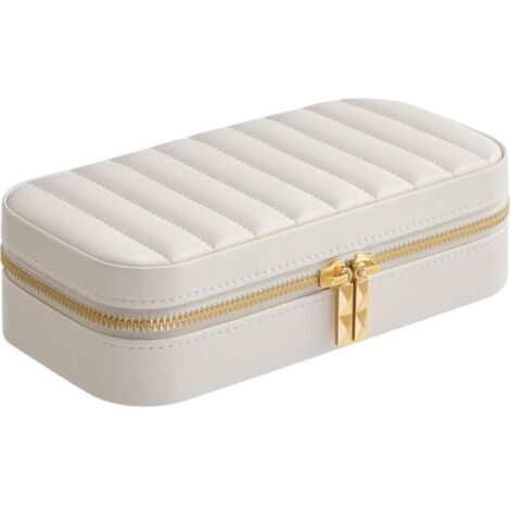 Boîte à Bijoux de Voyage, Petit Coffre à Accessoire avec Miroir, 10,5 x 20,5 x 6 cm, Surface PU avec Coutures, Portable, Zip, Idée Cadeau, Blanc Nuage