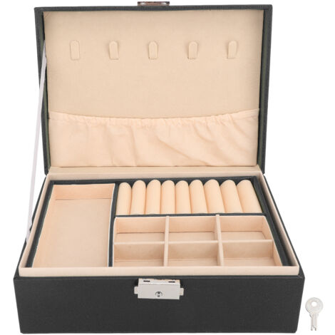 Boîte à Bijoux Double Épaisseur en Cuir PU Souple avec Serrure - Organisateur pour Colliers, Bracelets et Boucles d'Oreilles Noir