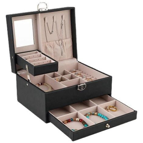 Boîte à bijoux double tiroir en PU, grande capacité, pour ranger bagues et boucles d'oreilles.