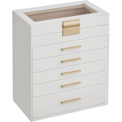 Boîte à Bijoux, Écrin à Accessoires 6 Niveaux, Coffre de Rangement, Couvercle en Verre, 5 Tiroirs, pour Lunettes de Soleil, Rangement pour Bijoux, Moderne, Blanc Nuage et Doré