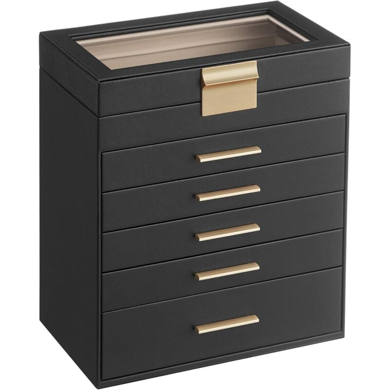 Songmics - Boîte à Bijoux, Écrin à Accessoires 6 Niveaux, Coffre de Rangement, Couvercle en Verre, 5 Tiroirs, Pour Lunettes de Soleil, Rangement pour