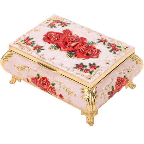 Boîte à bijoux en alliage zinc vintage avec roses en relief, intérieur velours, finition glossy brillante, couleurs or blanc rouge, petit coffret à bijoux