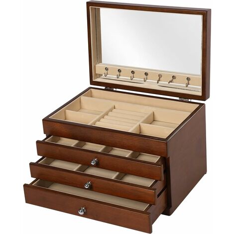 Boîte à bijoux en bois Boîte à bijoux à 4 niveaux avec miroir et 3 tiroirs Cadeau pour copine Femme Mère