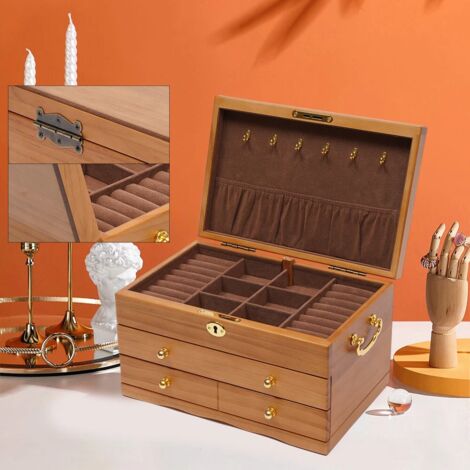 Boîte à bijoux en bois de grande capacité 3 couches avec serrure de sécurité Organisateur de rangement rétro