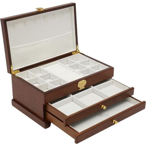 GOJOY Boîte à bijoux en bois massif à 3 couches avec serrure et miroir pour bijoux, colliers, bagues, boucles d'oreilles