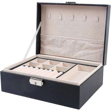 Boîte à bijoux en cuir PU à 2 compartiments avec serrure - Coffret de rangement pour colliers, boucles d'oreilles, bagues, bracelets et accessoires - Cadeau pour filles et femmes