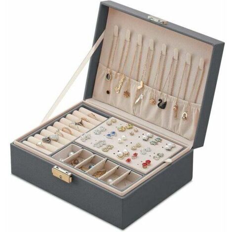 Boîte à bijoux en cuir verrouillable – Coffret de voyage 23x17x9 cm – Doublure en velours doux – Organisateur de bijoux compact gris