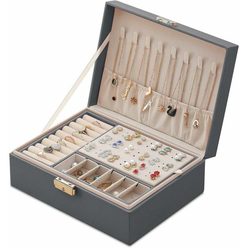 Boîte à Bijoux en Cuir Verrouillable pour Femme - Coffret de Voyage à 2 Couches - Organisateur de Bijoux - Petit Boîtier de Rangement pour Bijoux