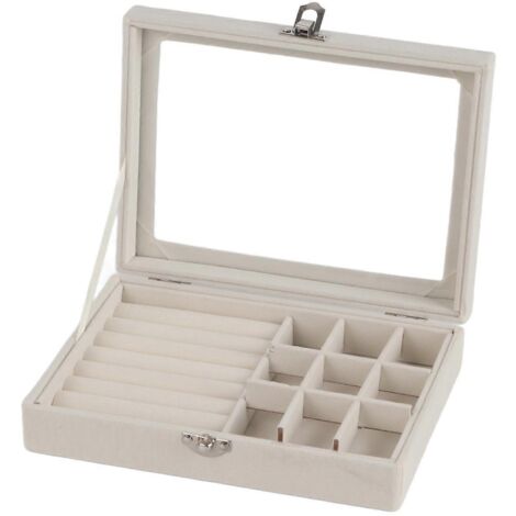 Boîte à bijoux en flanelle avec serrure de sécurité, beige, 9 compartiments, pour colliers, boucles d'oreilles, bracelets et bagues.