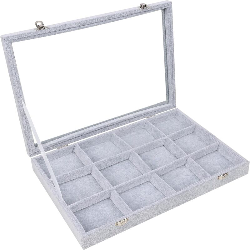 Boite a Bijoux en Velours Gris avec 12 Sections et Couvercle en Verre - Boîte à Bijoux Empilable et Modulable pour Bagues, Colliers, Bracelets,