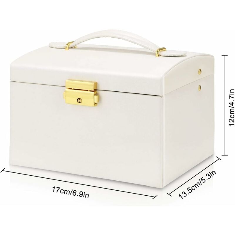 Boîte à bijoux, étui à bijoux avec 3 niveaux en cuir pu verrouillable pour montres, bagues et chaînes Blanc Fei Yu
