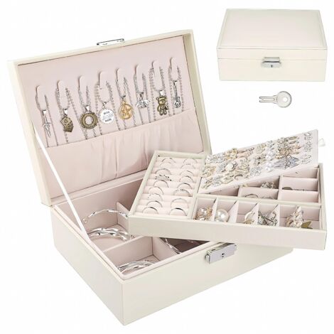 Boite à Bijoux Femme, Boite à Bijoux 2 Couches, Rangement pour Bijoux avec Serrure, Boite a Bijoux en Cuir Imperméable, pour Bagues Boucles d'Oreilles Colliers Bracelets
