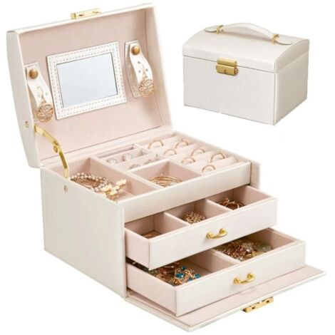 Boîte à bijoux femme cuir PU avec miroir – 2 tiroirs amovibles – Doublure velours – Coffre verrouillable pour bagues, colliers, boucles d'oreilles