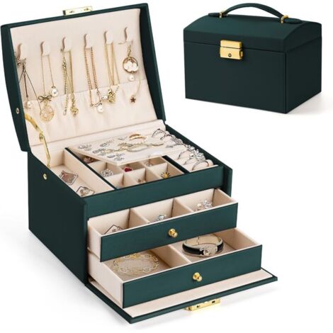Boite a Bijoux Femme Fille, Boîte à Bijoux Coffret à Bijoux Rangement Bijoux Organisateur pour Bagues Bracelets Boucles d'oreilles Montres Lunettes Cadeaux de Noël Vert Foncé 17x14x13cm BOX02