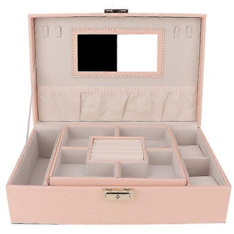 Boîte à bijoux grande capacité en cuir PU avec miroir, pour boucles d'oreilles et colliers, rose