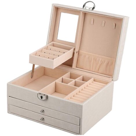 Boîte à bijoux multicouches grande capacité en cuir PU avec serrure à clé, blanc perle, idéale pour la maison et les voyages.