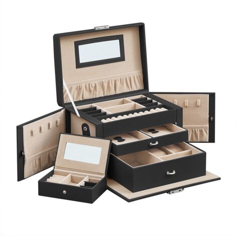 Boîte à bijoux, Organisateur à bijoux avec 2 tiroirs, Coffre à bijoux verrouillable avec miroir, Boîte de voyage portable, doublure en velours, idée cadeau, par SONGMICS Noir